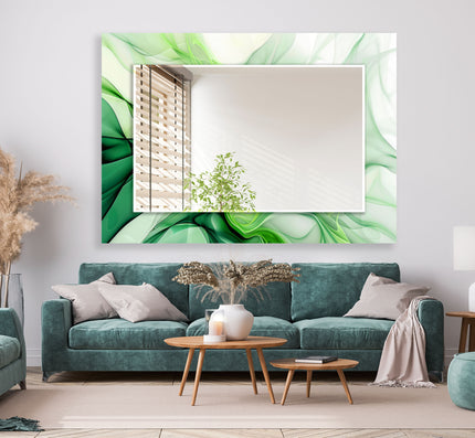 Green White Abstract Tempered Glass Wall Mirror