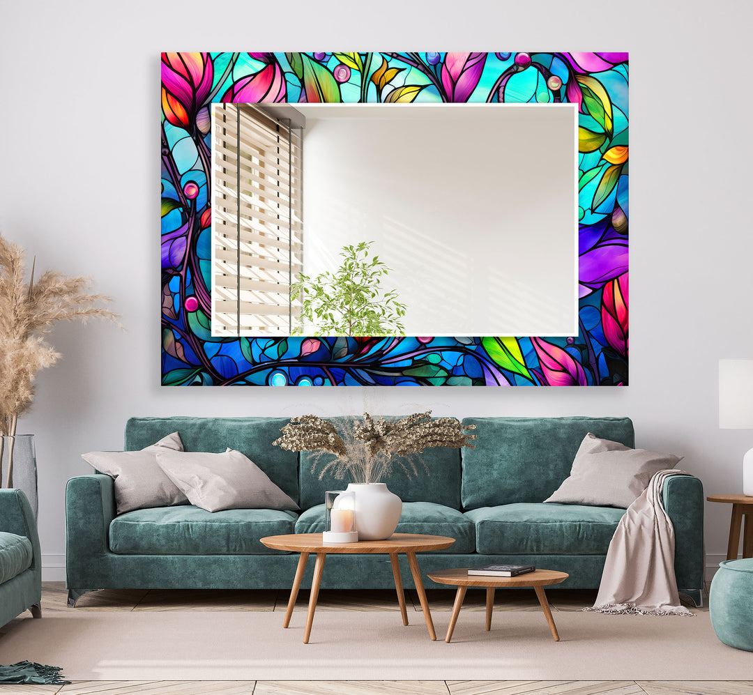 Colorful Flowers Stained Wall Mirrors Entryway Wall Mirror
