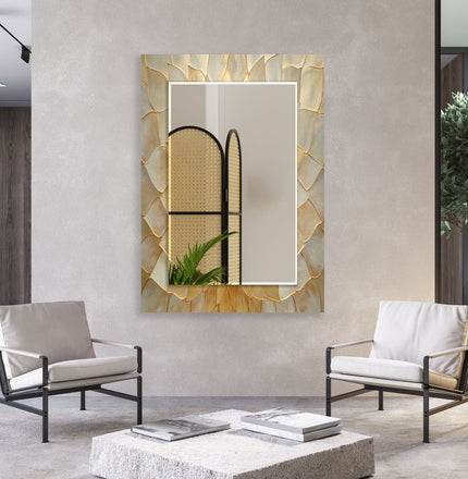 Beige Leaf Pattern Tempered Glass Wall Mirror