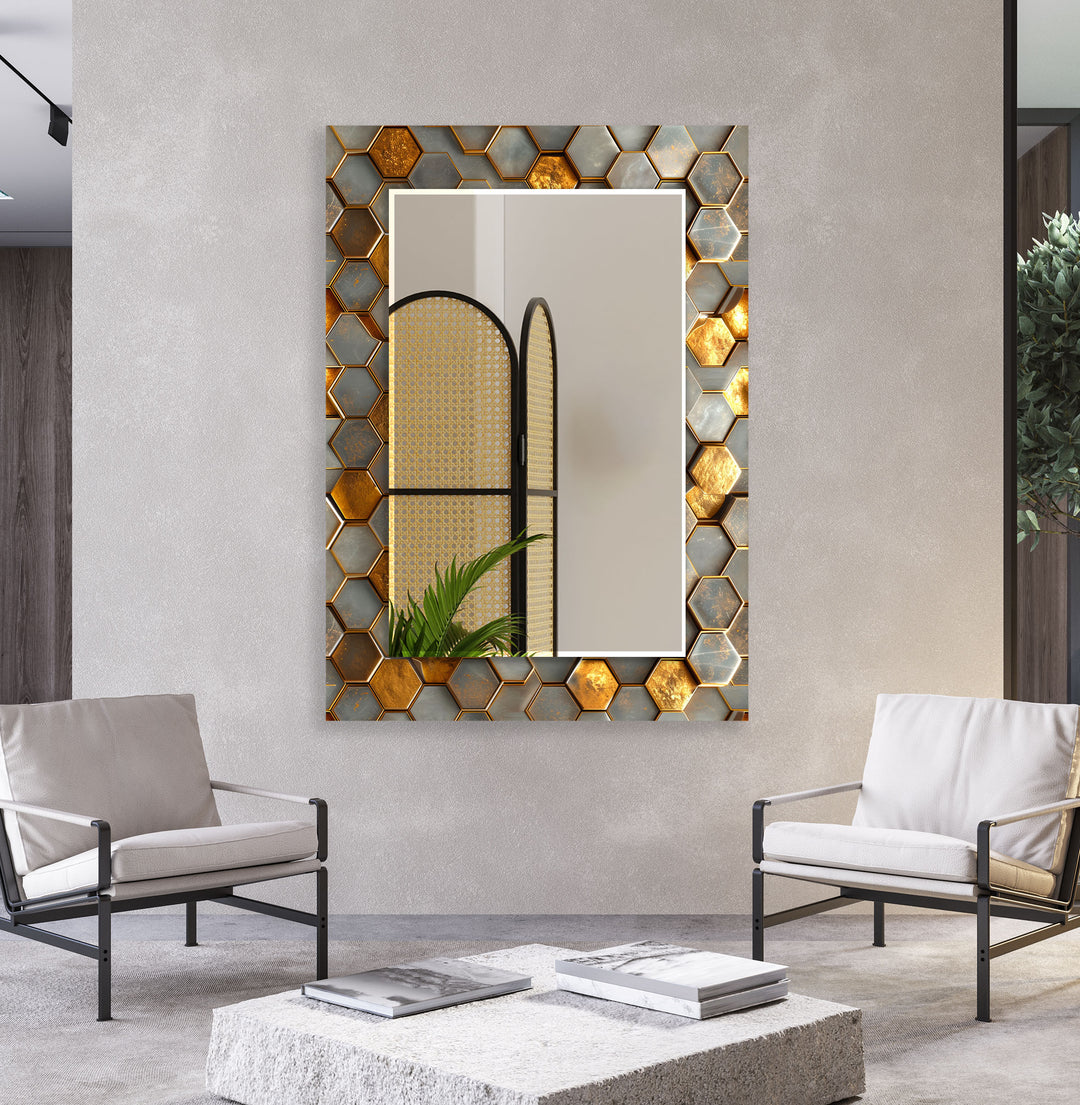 Hexagon Pattern With Gold Detail Wall Mirror Large Wall Mirror