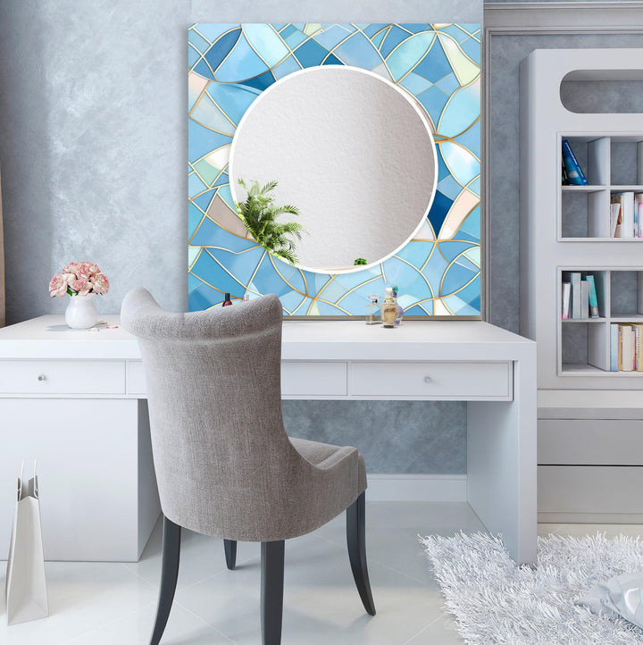 Light Blue Stained Details Wall Mirror Bathroom Wall Mirror
