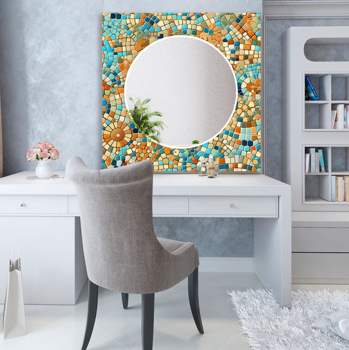 Beige and Blue Mosaic Wall Mirror Square Wall Mirror
