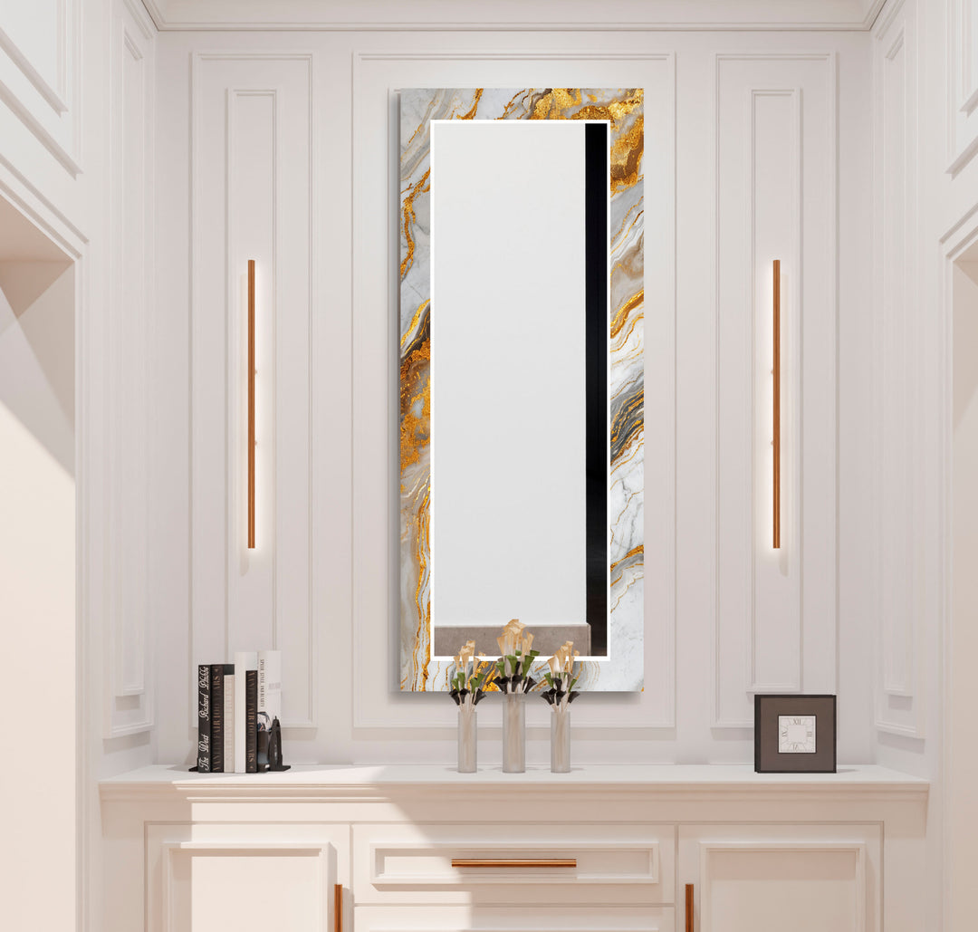 Gold & White Marble Wall Mirrors lighted mirror
