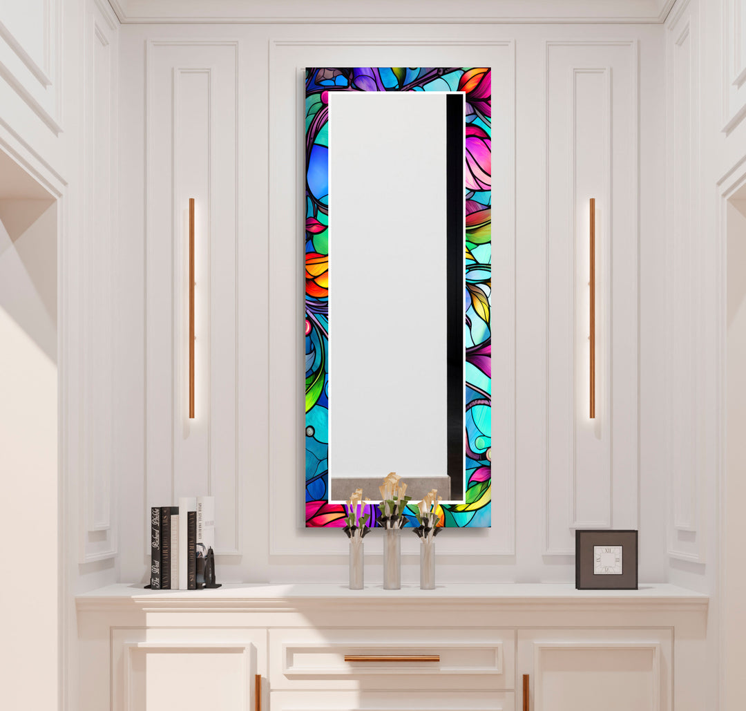 Colorful Flowers Stained Wall Mirrors Blue Wall Mirror
