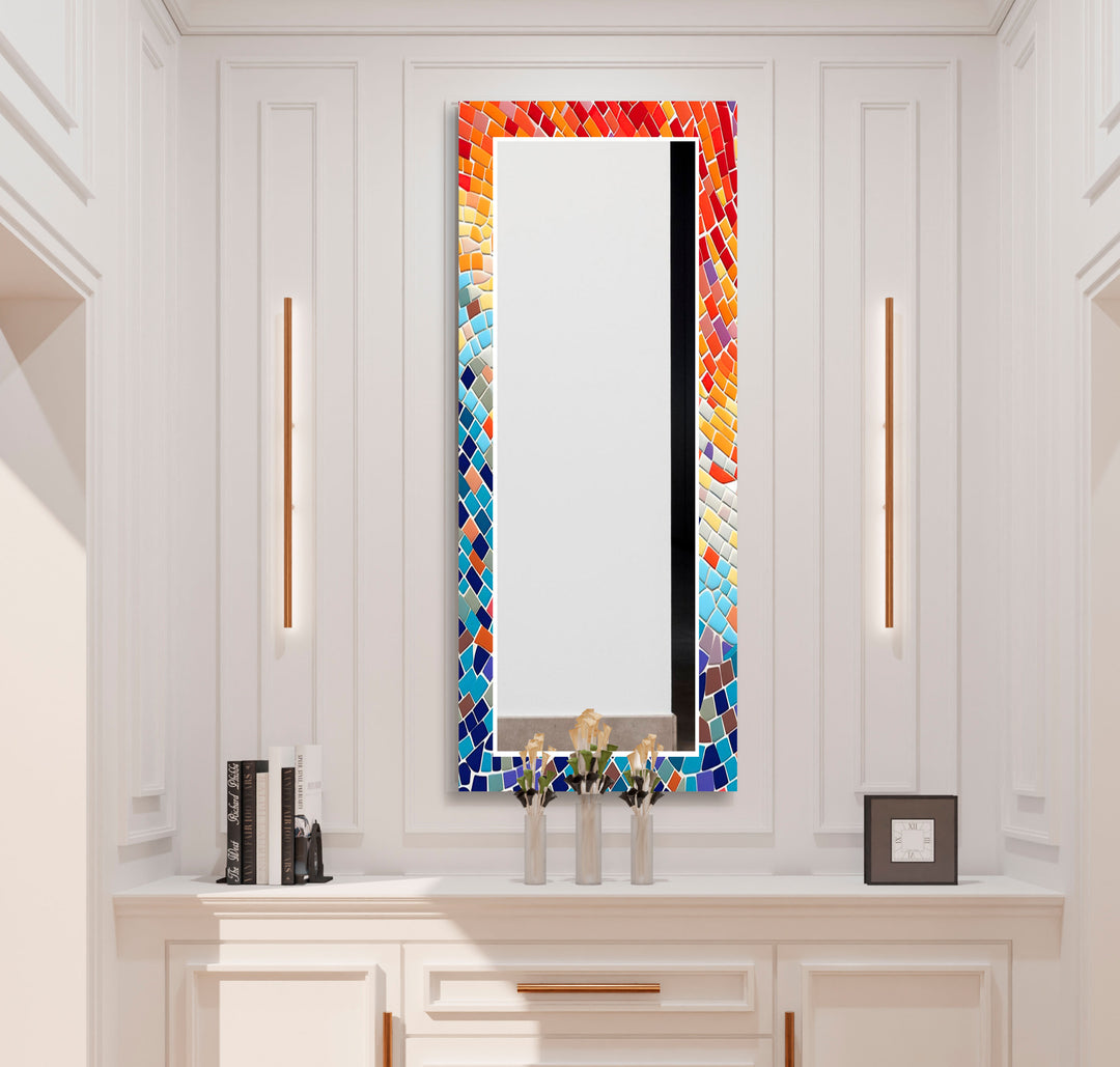 Orange and Blue Mosaic Round Wall Mirror Modern Wall Mirror
