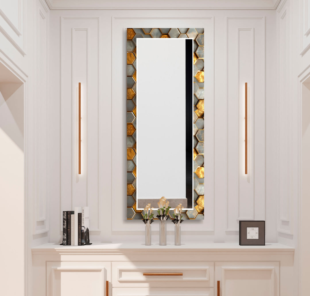 Hexagon Pattern With Gold Detail Wall Mirror Long Mirror
