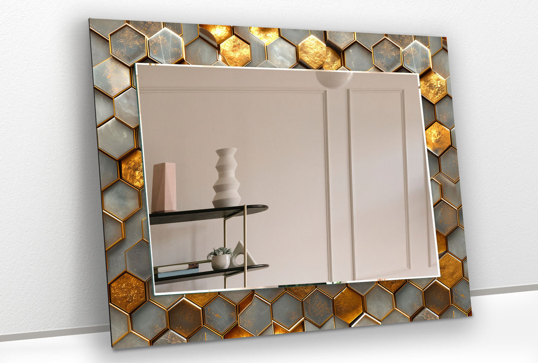 Hexagon Pattern With Gold Detail Wall Mirror Round Mirror
