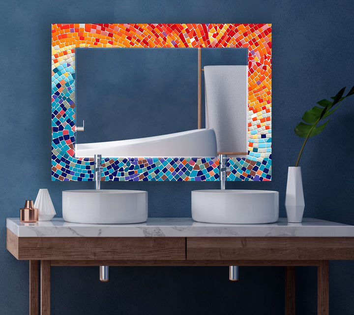 Orange and Blue Mosaic Round Wall Mirror Huge Mirror
