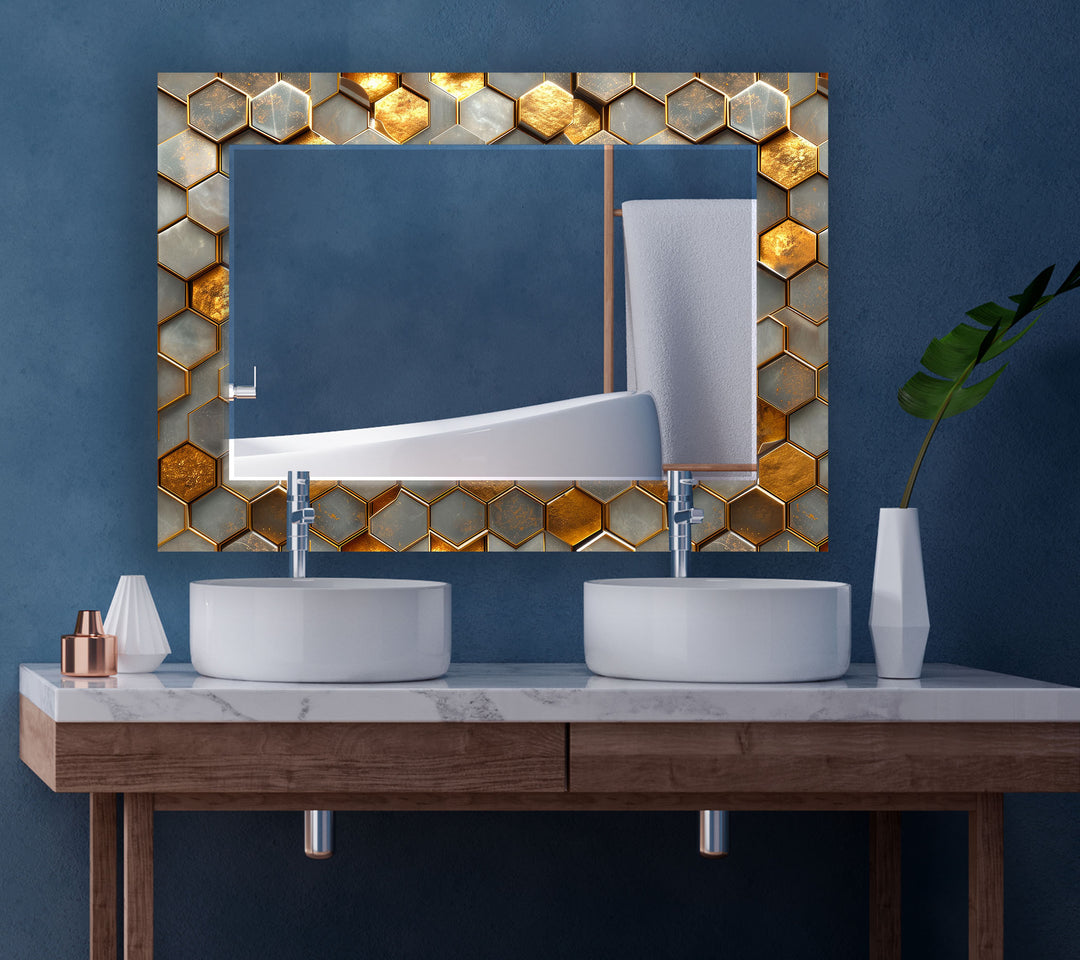 Hexagon Pattern With Gold Detail Wall Mirror wall mirror
