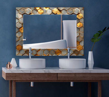 Hexagon Pattern With Gold Detail Tempered Glass Wall Mirror