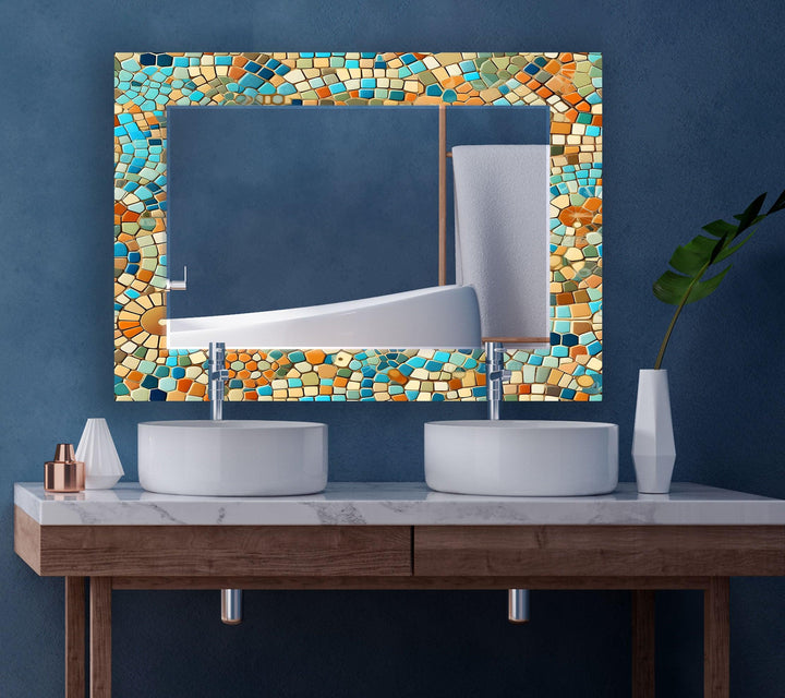 Beige and Blue Mosaic Wall Mirror Marble Mirror
