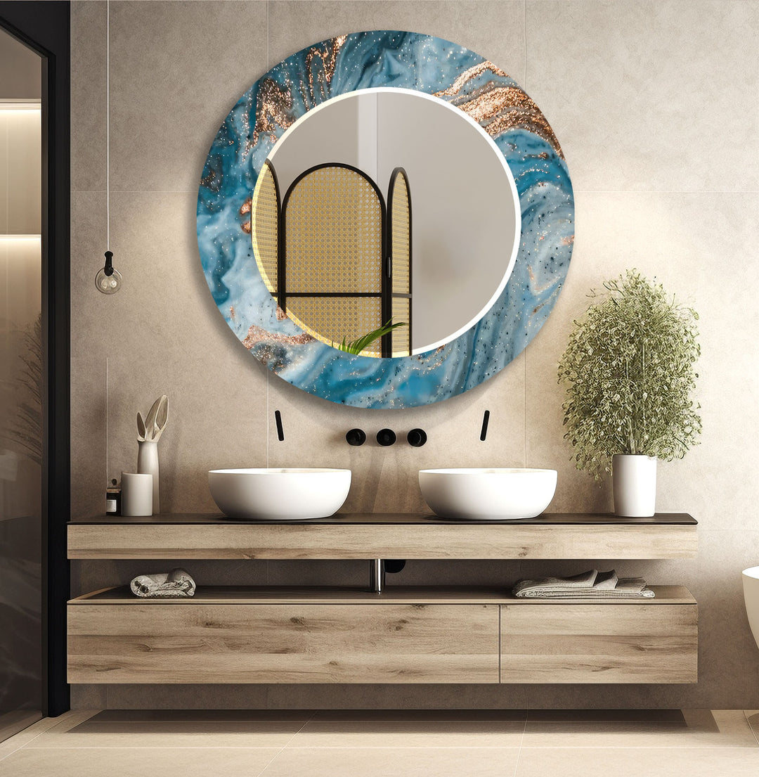 Sea Blue with Bronz Details Wall Mirror Round Wall Mirror
