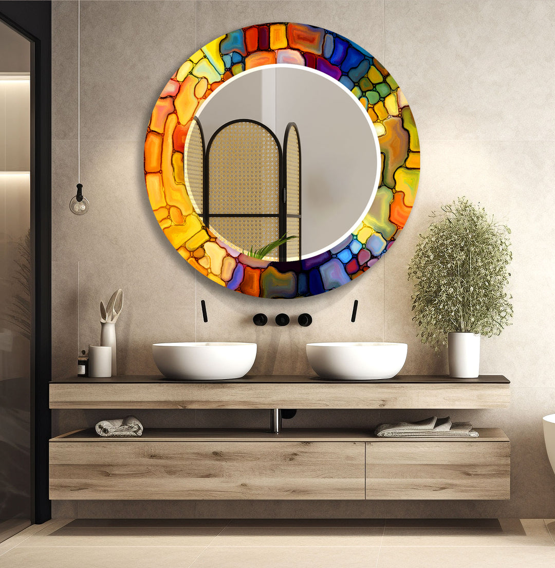 Stained Orange Stones Round Wall Mirror