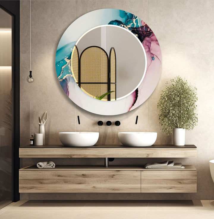 Abstract Blue & Pink Round Wall Mirror Decorative Mirror
