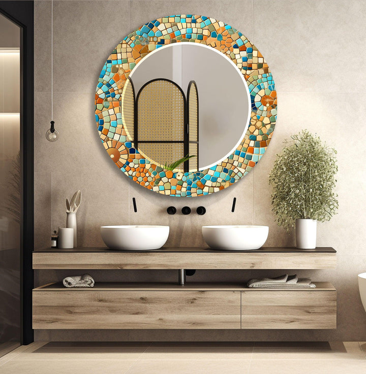 Beige and Blue Mosaic Wall Mirror Entryway Wall Mirror
