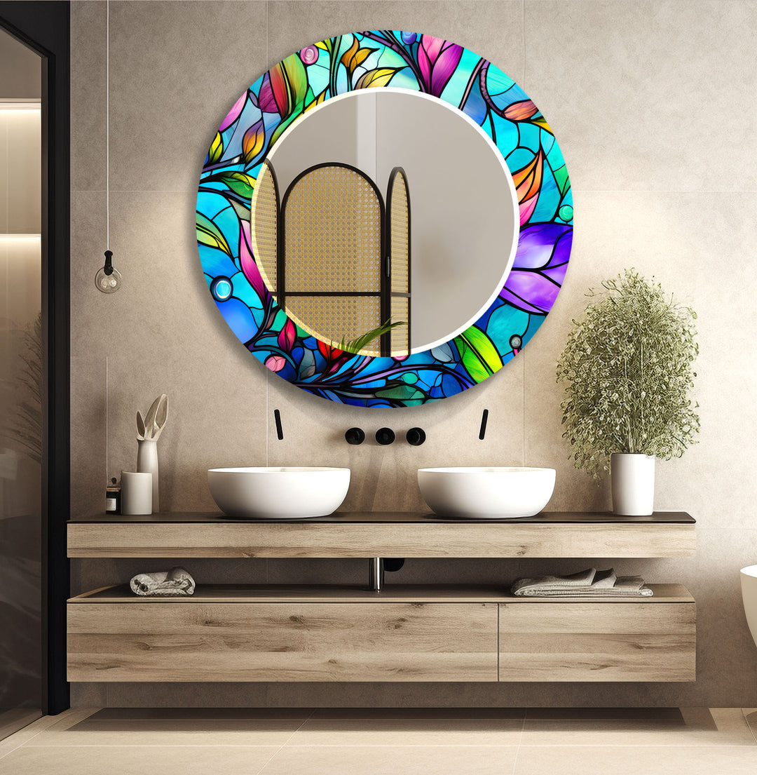 Colorful Flowers Stained Wall Mirrors Marble Wall Mirror
