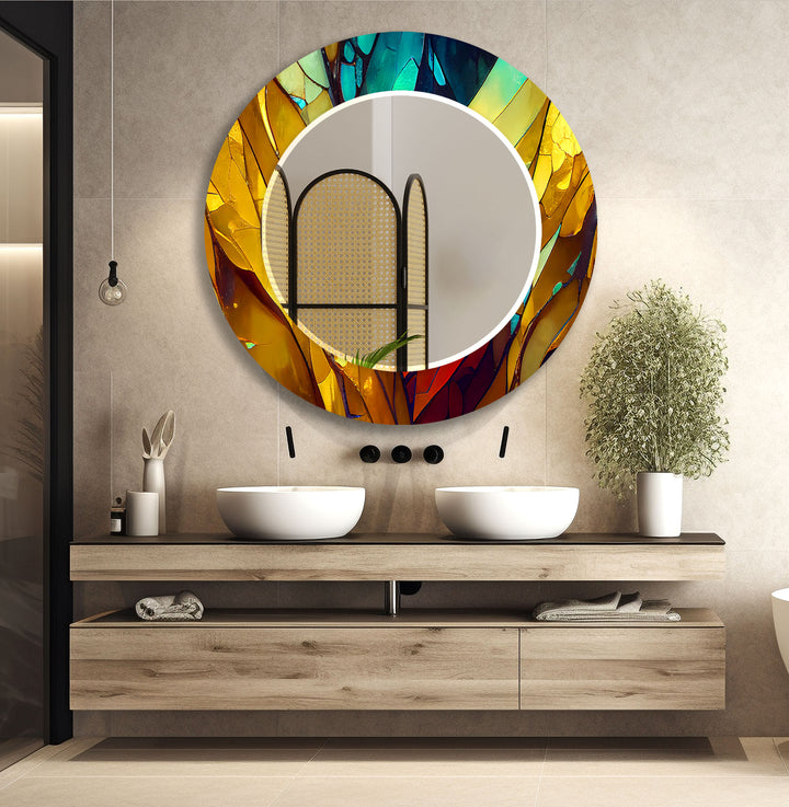 Stained Gold Leaves Wall Mirror  Marble Wall Mirror
