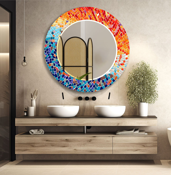 Orange and Blue Mosaic Round Wall Mirror Long Wall Mirror
