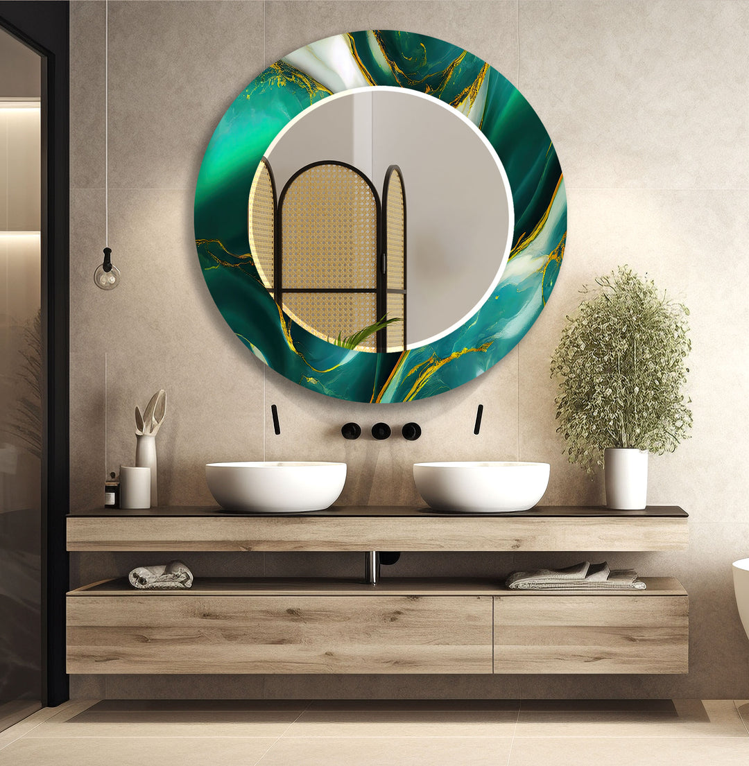 Green Marble with Golden Details Round Wall Mirror Gold Wall Mirror
