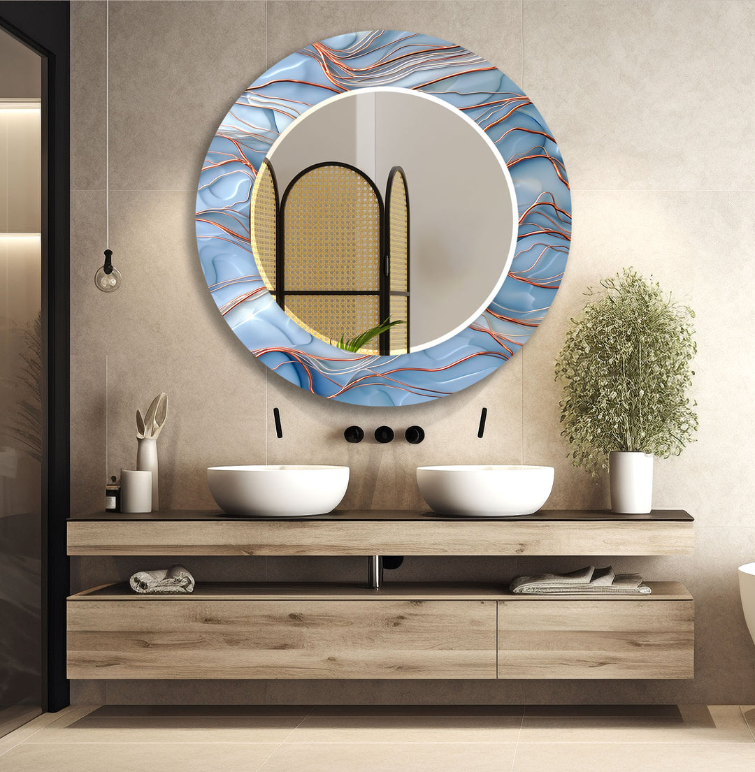 Silver & Orange Round Wall Mirror Abstract Wall Mirror
