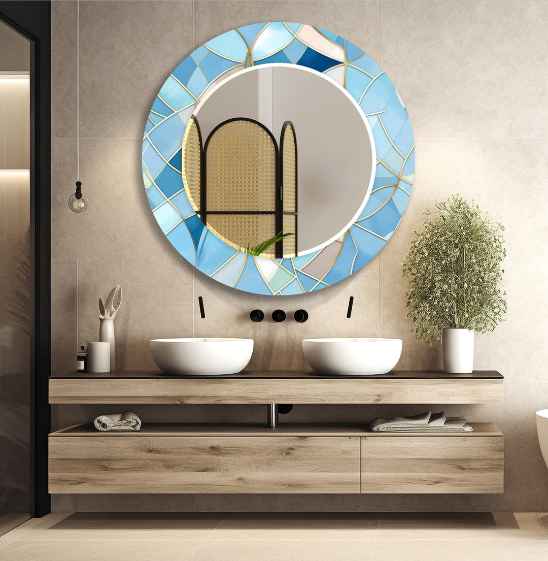 Light Blue Stained Details Wall Mirror Entryway Wall Mirror
