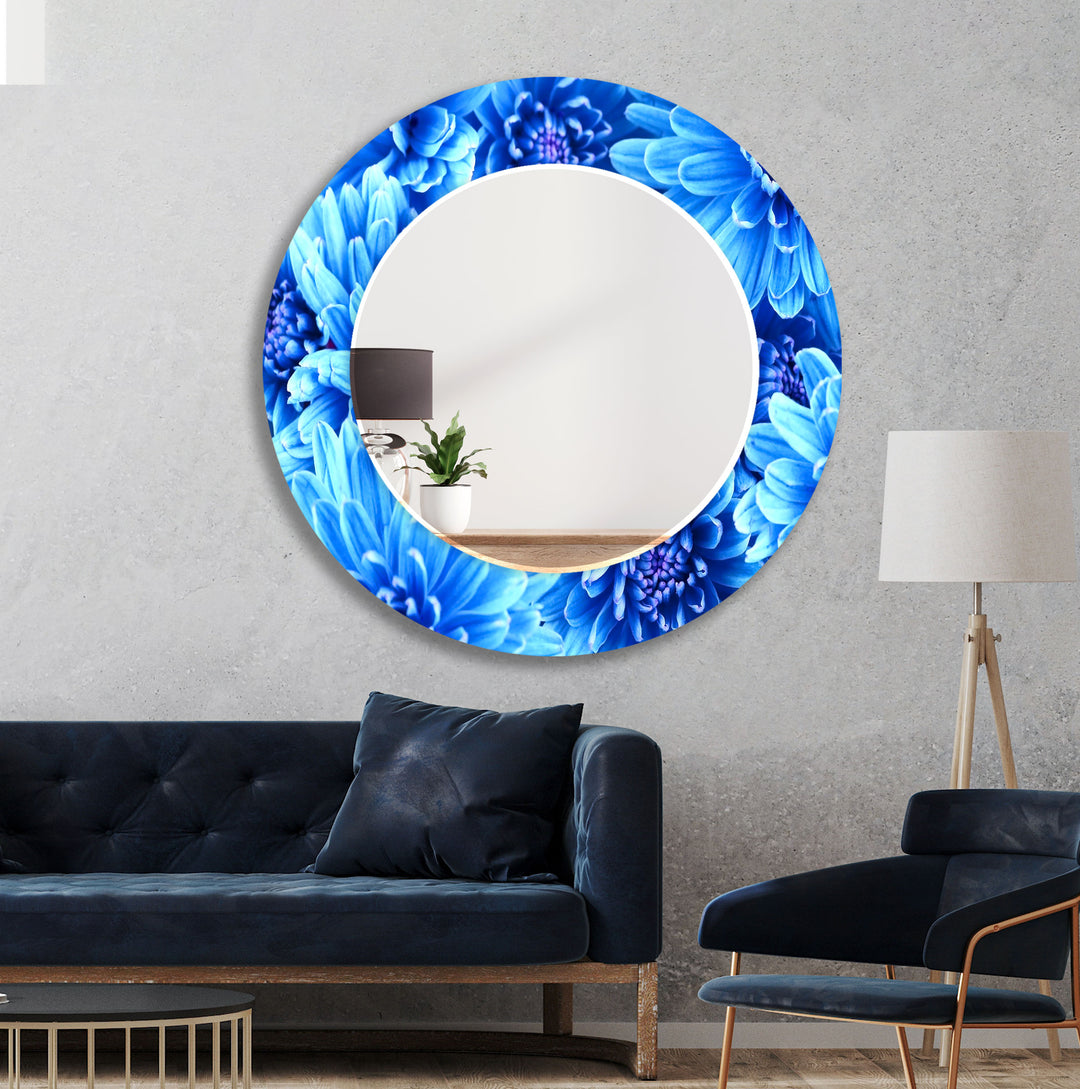 Vivid Blue Flowers Wall Mirror Round Wall Mirror
