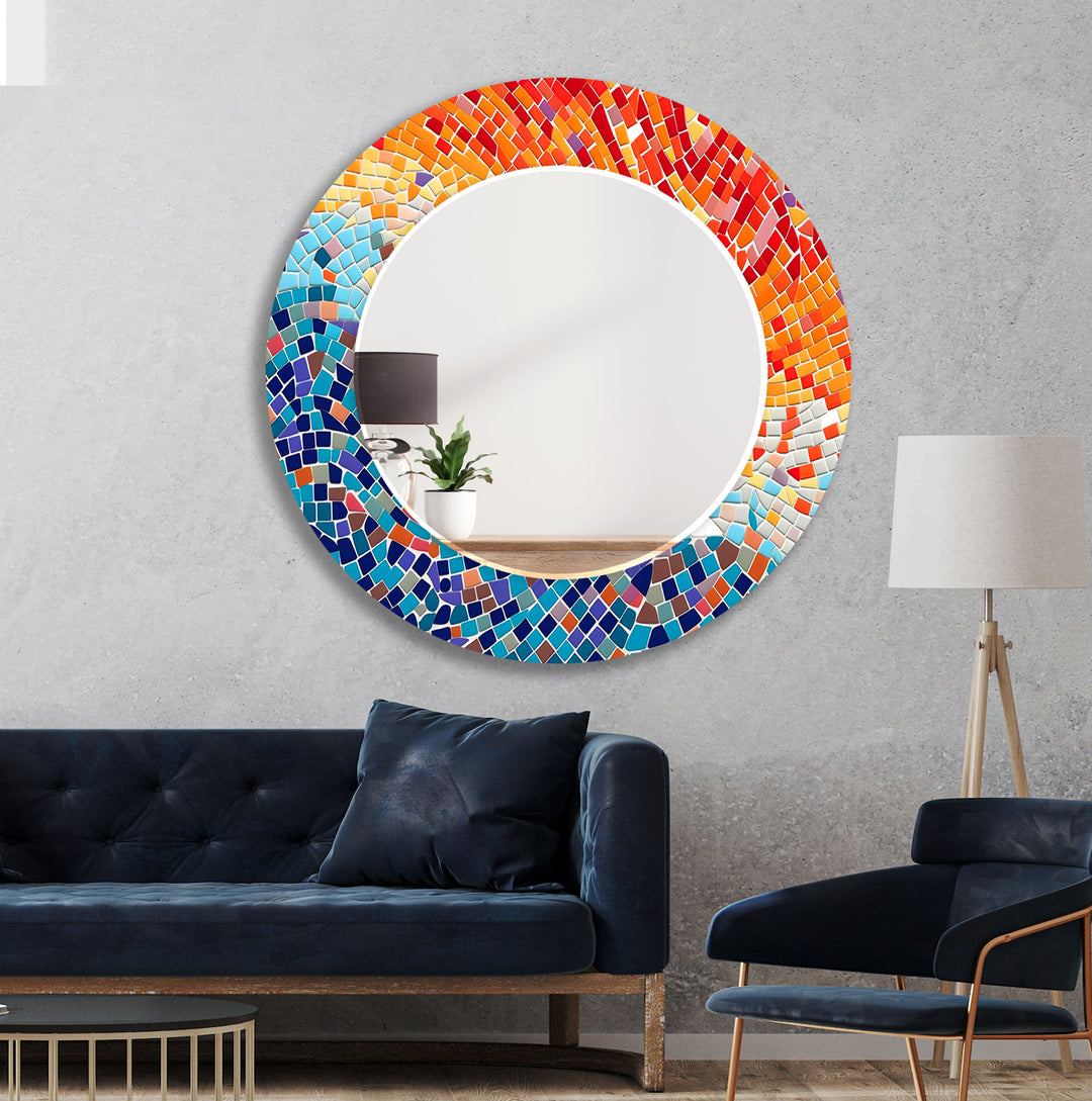 Orange and Blue Mosaic Round Wall Mirror Blue Mirror
