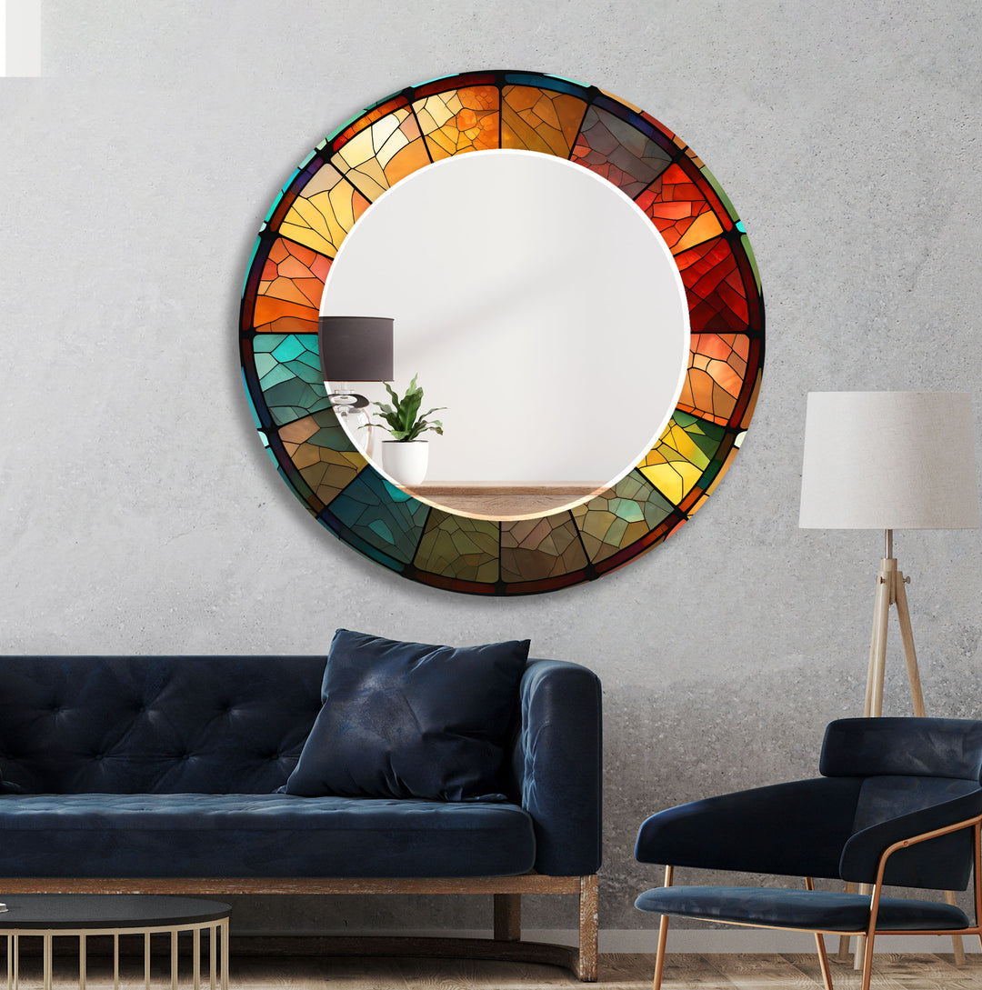 Orange Stained Circle Wall Mirrors Dining Room Mirror