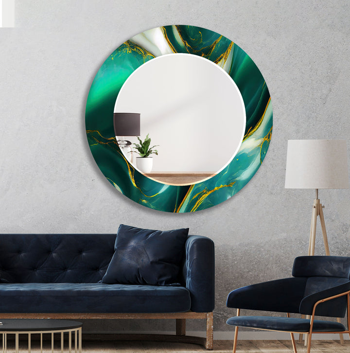 Green Marble with Golden Details Round Wall Mirror Living Room Mirror
