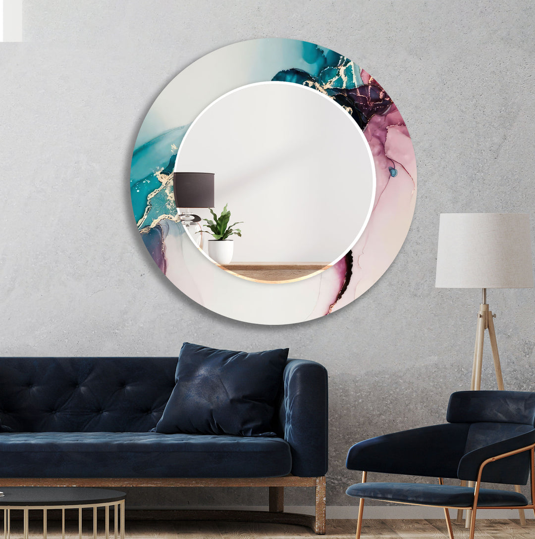 Abstract Blue & Pink Round Wall Mirror Gold Mirror
