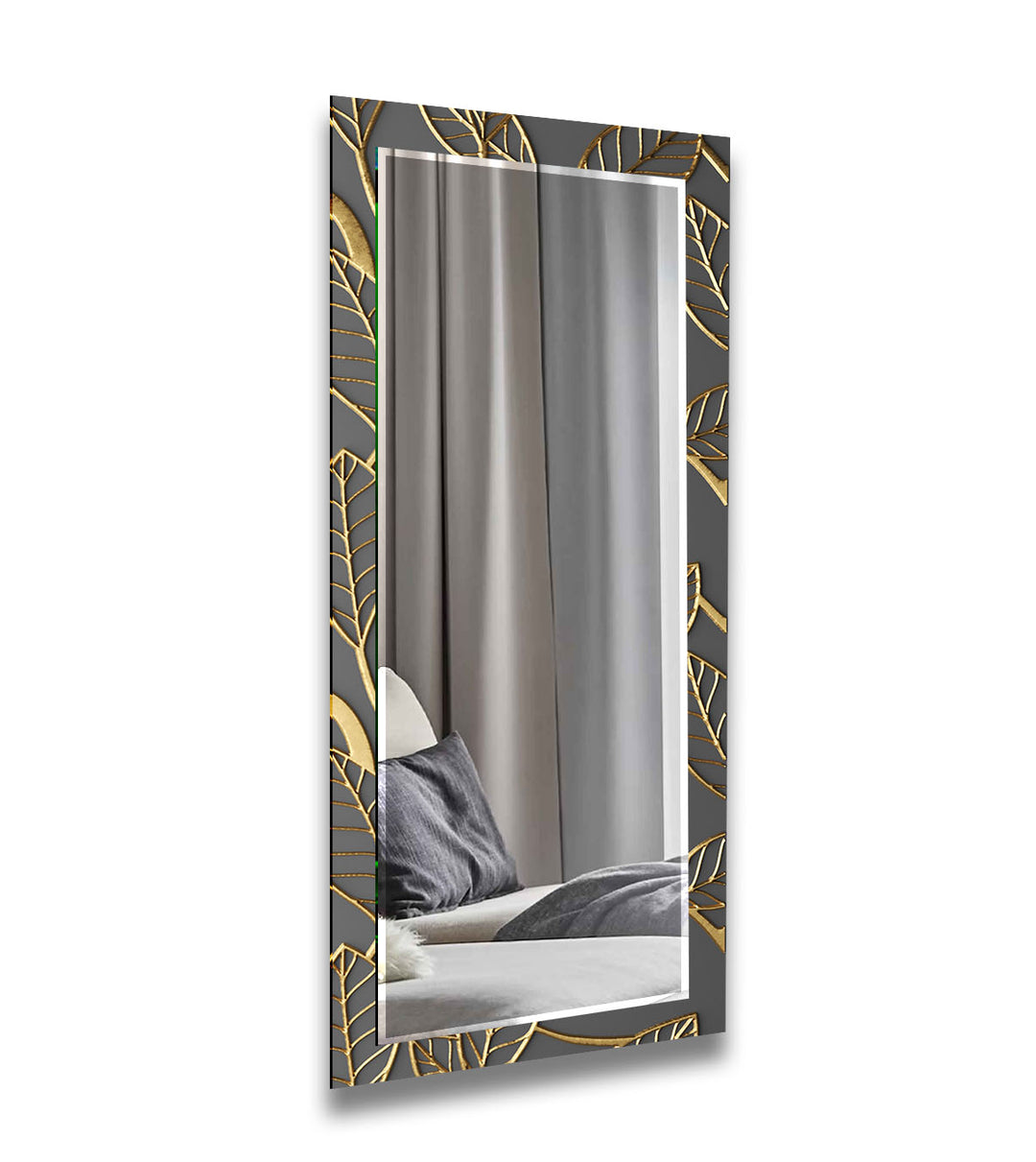 Abstract Grey Golden Leaves Wall Mirror Round Mirror
