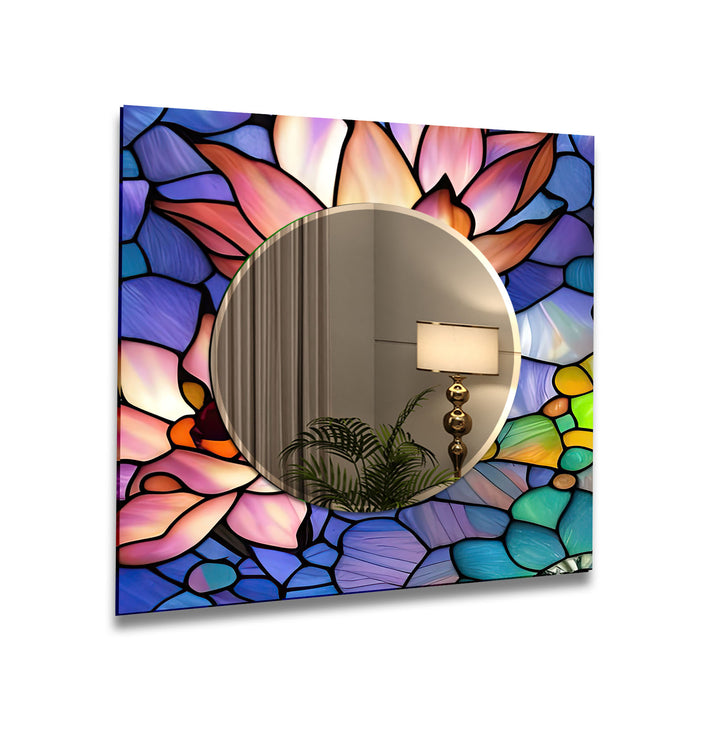 Stained Purple Lotus Wall Mirror Square Wall Mirror
