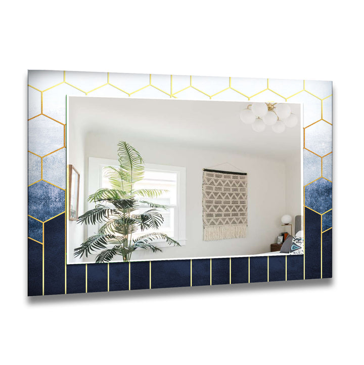 White and Blue Hexagon Wall Mirror Living Room Wall Mirror
