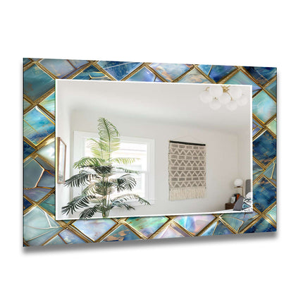 Gold Details Blue Marble Tempered Glass Wall Mirror