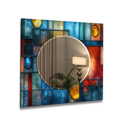 Blue and Red Stained Tempered Glass Wall Mirror