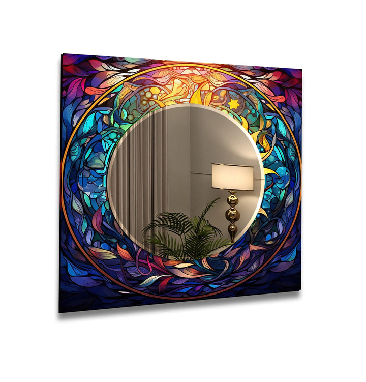 Colored Blue Flowers Wall Mirror Stained Glass Wall Mirror
