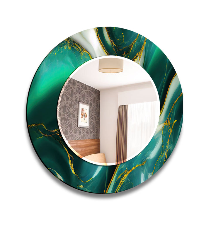 Green Marble with Golden Details Round Wall Mirror Small Mirror
