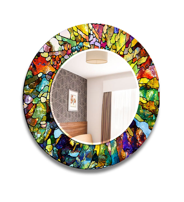 Stained Yellow & Green Round Wall Mirror Bathroom Wall Mirror
