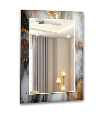 Golden Details White Marble Tempered Glass Wall Mirror