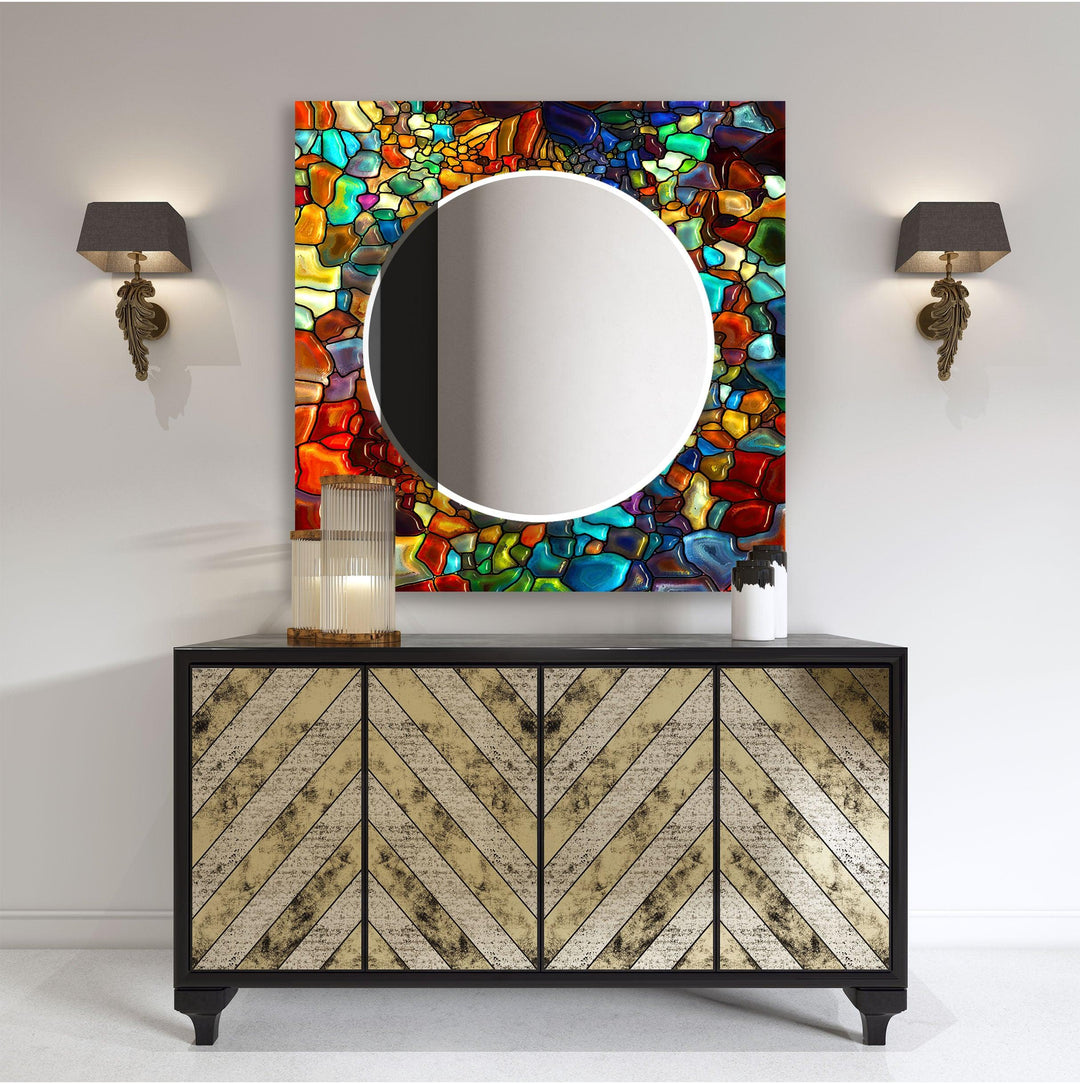 Stained Colored Stones Round Wall Mirror lighted mirror
