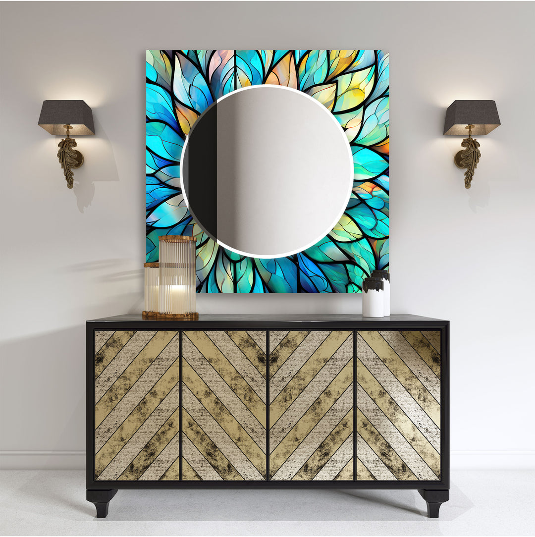 Turquoise & Blue Flower Wall Mirror Stained Glass Wall Mirror
