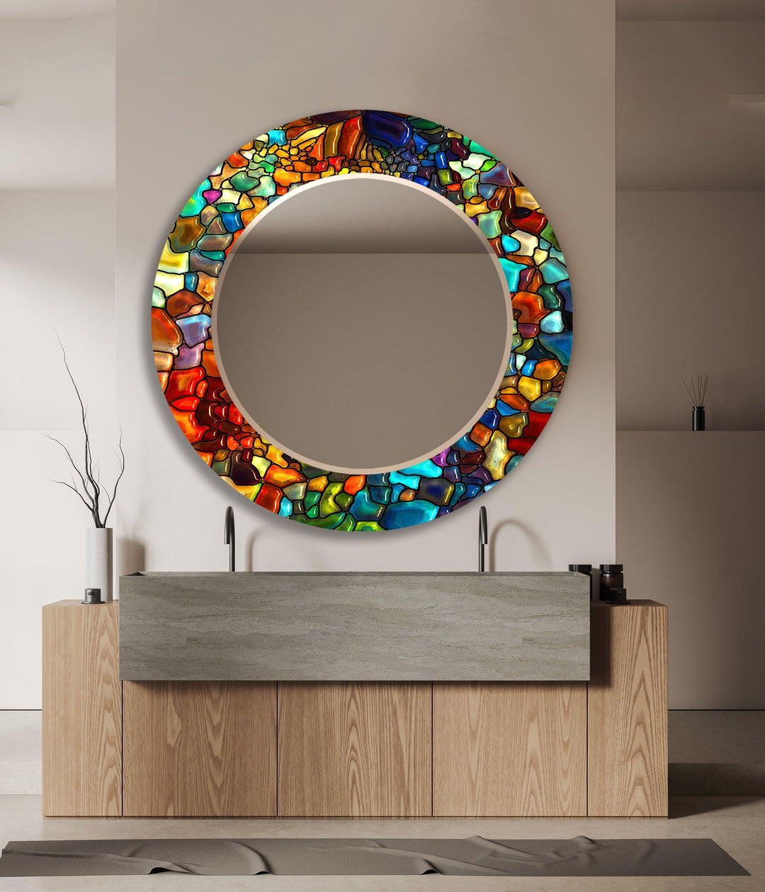 Stained Colored Stones Round Wall Mirror big wall mirror
