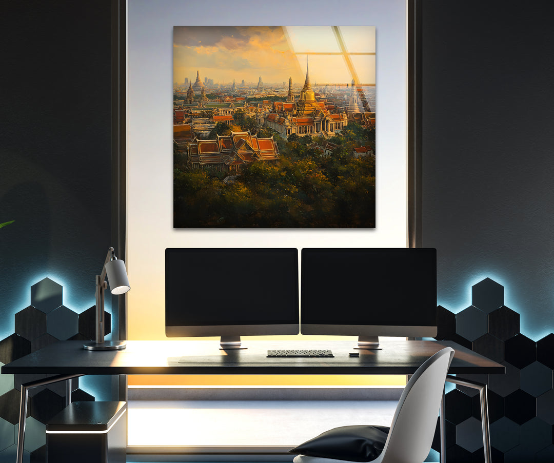 Orange Sky Bangkok Landscape Glass Wall Art custom glass pictures, glass art prints