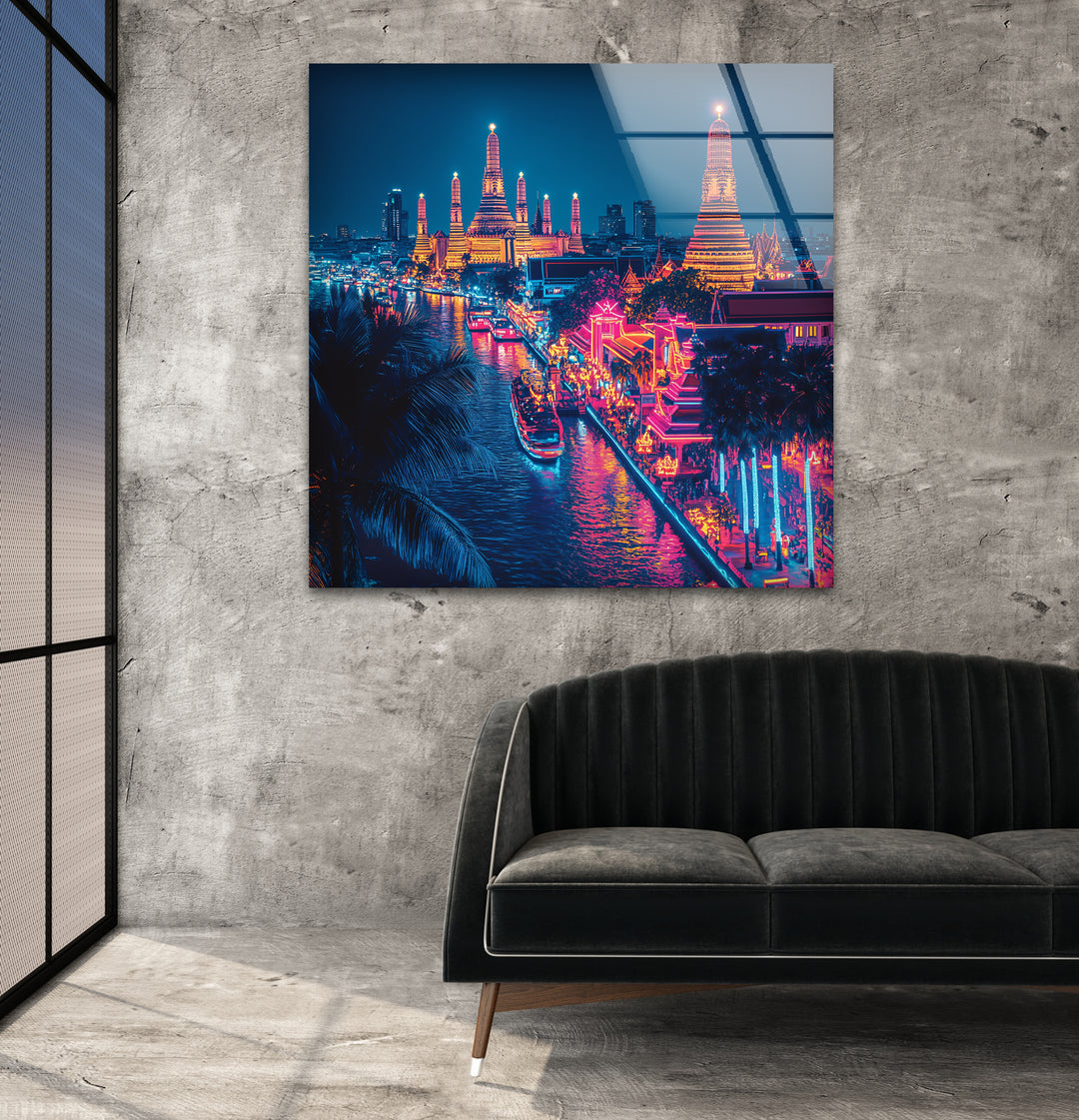 Neon City Bangkok Landscape Glass Wall Art print on glass, glass printed photos