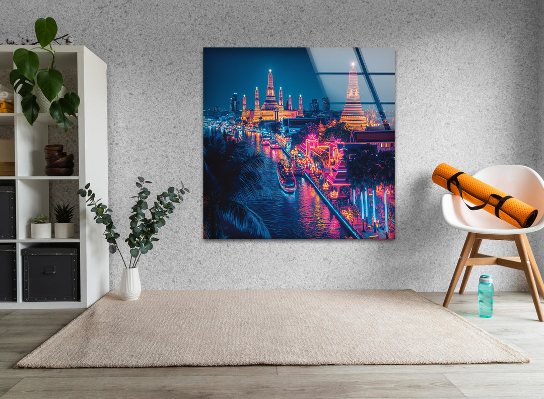 Neon City Bangkok Landscape Glass Wall Art custom glass photo prints, large glass prints