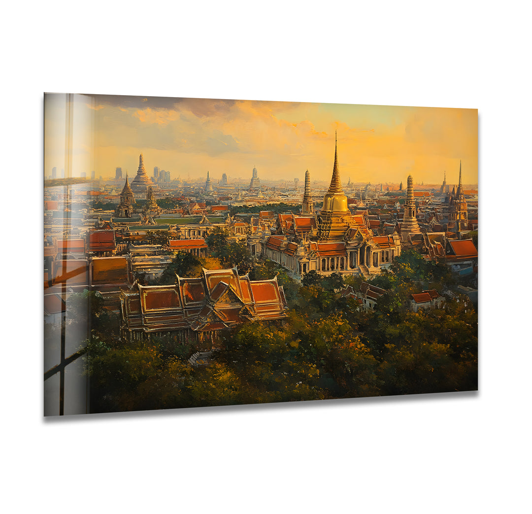 Orange Sky Bangkok Landscape Glass Wall Art glass art painting, glass art for the Wall