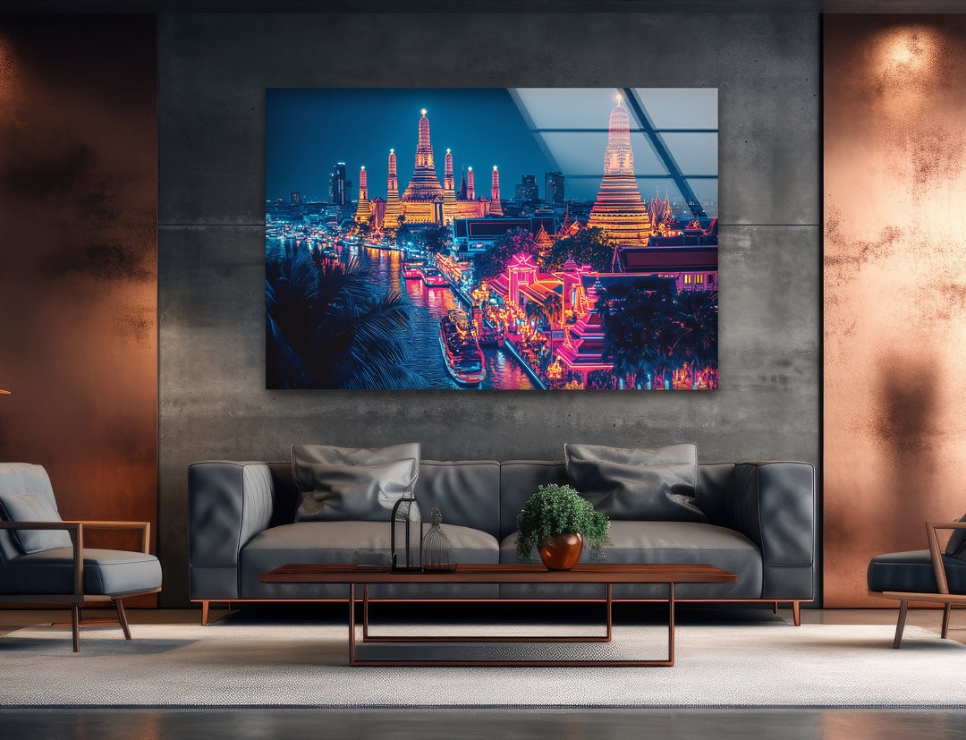 Neon City Bangkok Landscape Glass Wall Art picture on glass wall art, photos printed on glass