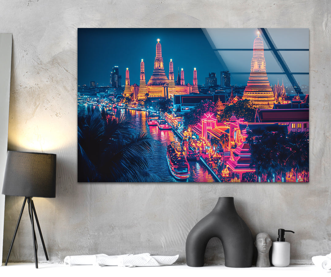 Neon City Bangkok Landscape Glass Wall Art glass art painting, glass art for the Wall