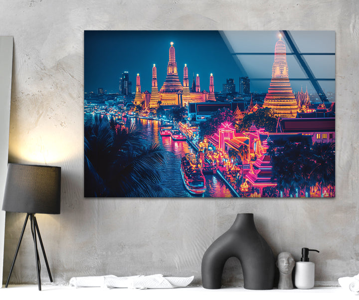 Neon City Bangkok Landscape Glass Wall Art glass art painting, glass art for the Wall