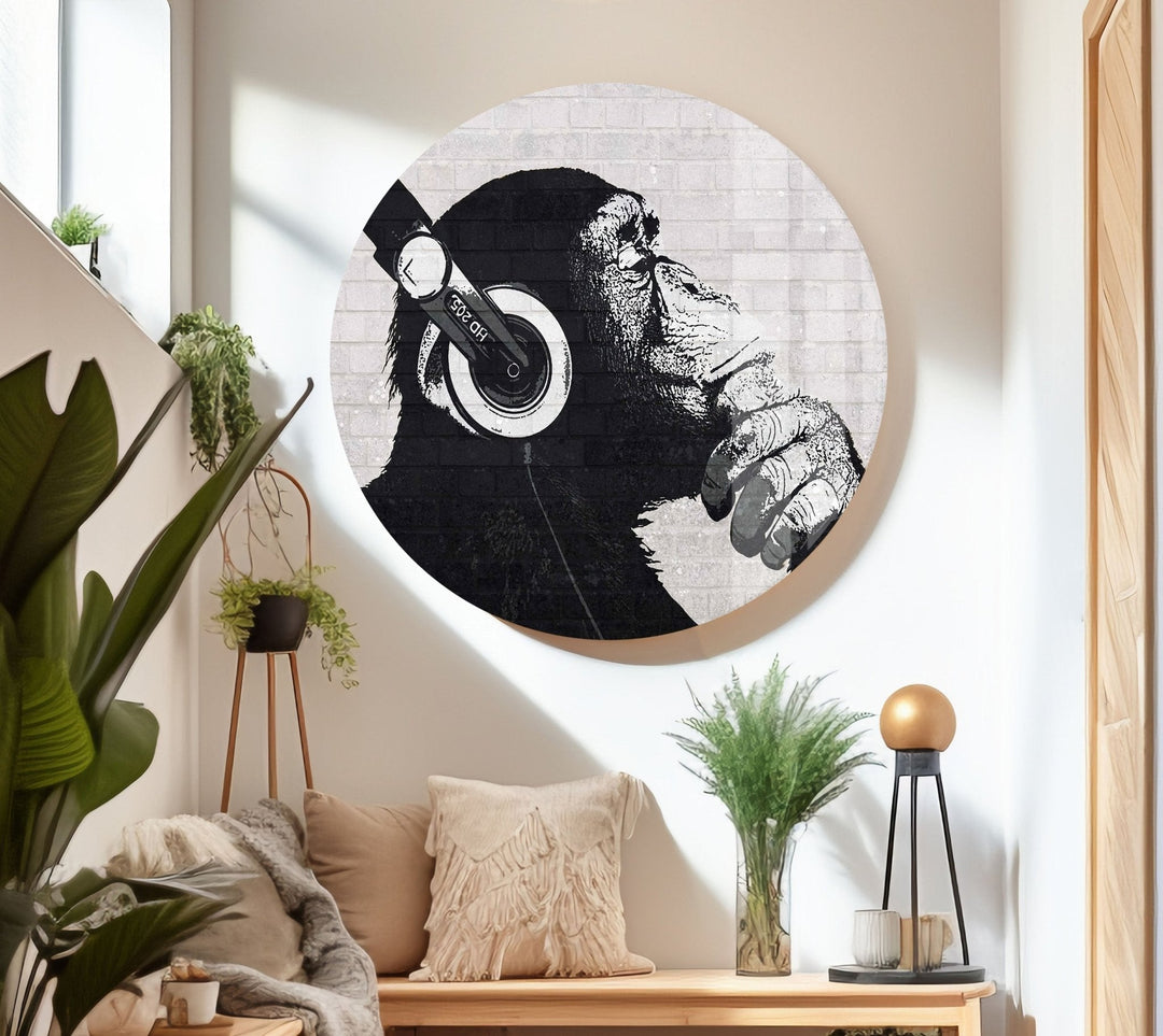 Banksy Dj Monkey Headphones Tempered Glass Wall Art - MyPhotoStation - Artdesigna Glass Printing Wall Arts - Banksy Art for Sale